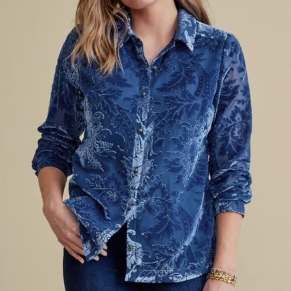 Soft Surroundings Size XS Floreat Velvet Floral Embossed Shirt in Saphire - Picture 1 of 8